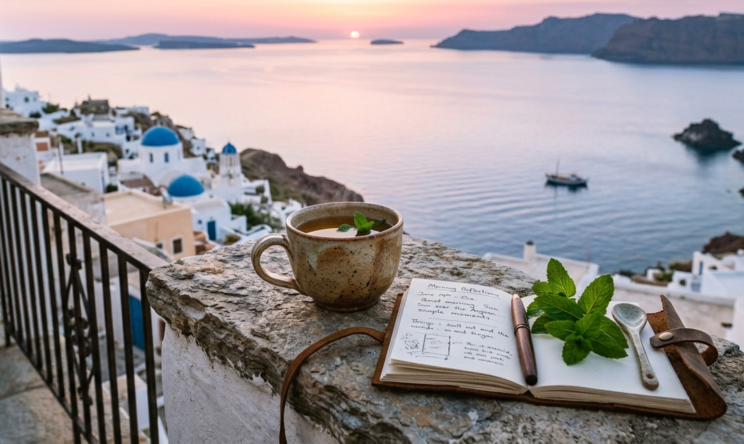 Φλιτζάνι βοτανικού τσαγιού σε μεσογειακό μπαλκόνι